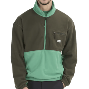 The Marmot Retro Rocklin Jacket features a two-tone design with dark green on the top and mint green on the lower half, a half-zip front, and a small zippered chest pocket with a Marmot logo patch.