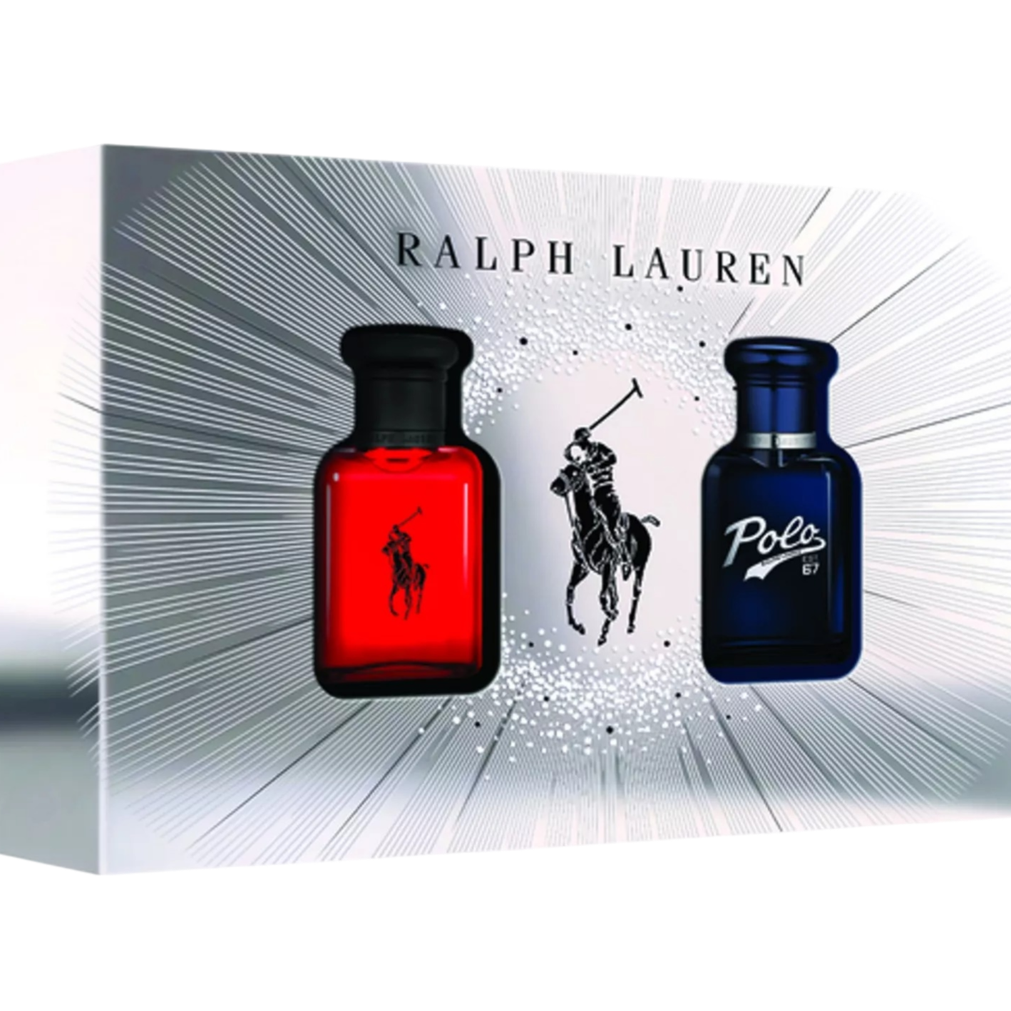 Ralph Lauren gift set featuring two perfume bottles: one red with a polo player icon, and the other blue labeled \“Polo 67.\“