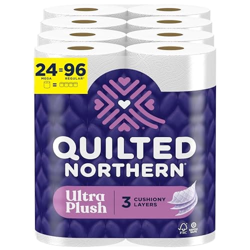 Pack of Quilted Northern Ultra Plush toilet paper, 24 Mega Rolls equaling 96 regular rolls, featuring 3 cushiony layers.