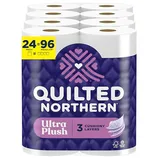 Pack of Quilted Northern Ultra Plush toilet paper, 24 Mega Rolls equaling 96 regular rolls, featuring 3 cushiony layers.