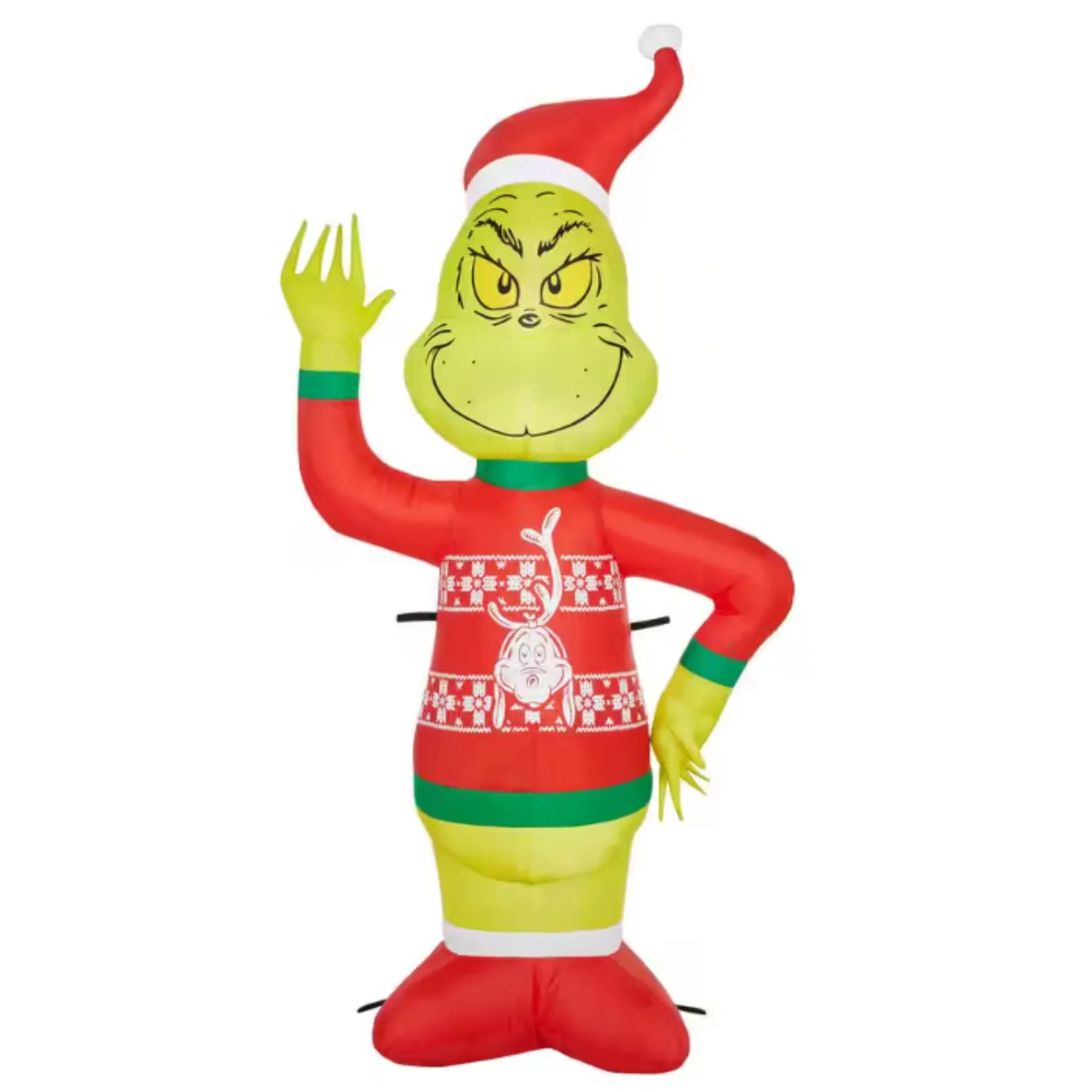 4' LED Grinch inflatable in a Santa hat and festive sweater, grinning with one hand raised.