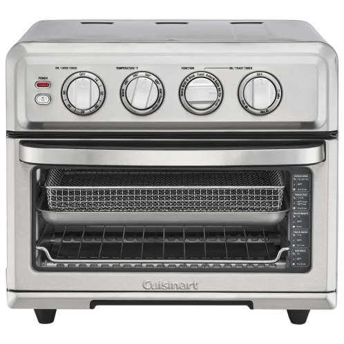A silver countertop convection oven and air fryer combo with control knobs for power, temperature, function, and timer.