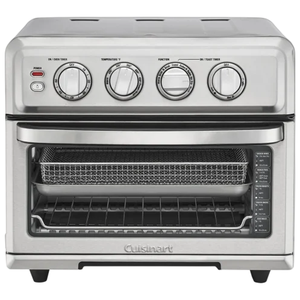 A silver countertop convection oven and air fryer combo with control knobs for power, temperature, function, and timer.