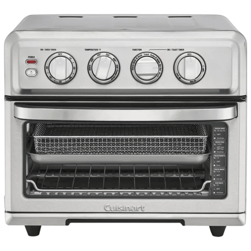 A silver countertop convection oven and air fryer combo with control knobs for power, temperature, function, and timer.