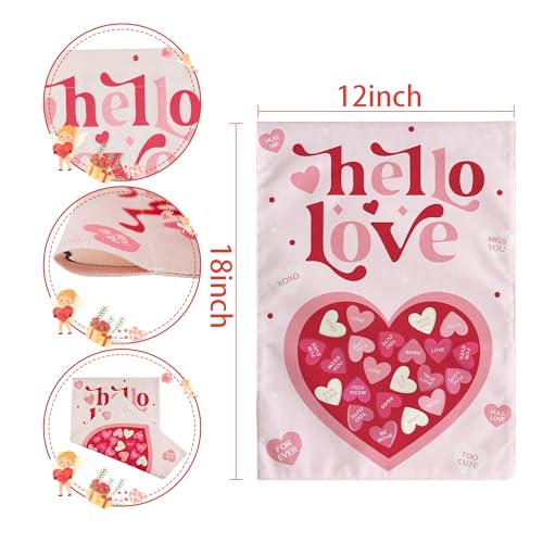 Pink Valentine's-themed gift bag, 12x18 inches, featuring \“hello love\“ text and a heart filled with smaller hearts with messages like \“XOXO,\“ \“Miss You,\“ and \“Too Cute.\“