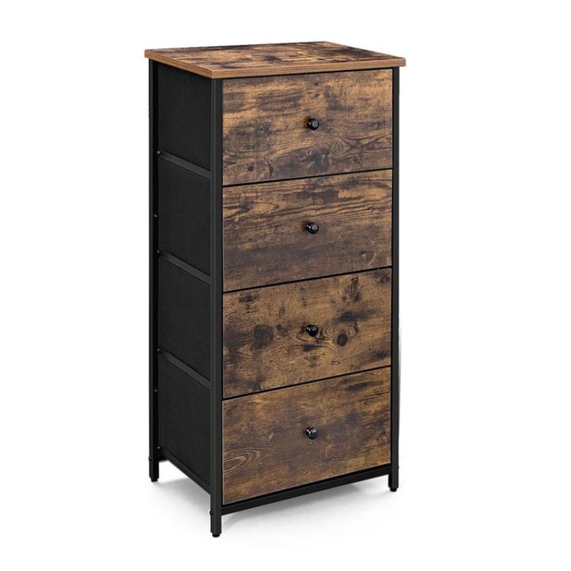 A four-drawer dresser combines black metal framework with a rustic wood finish, featuring metal handles on each drawer.