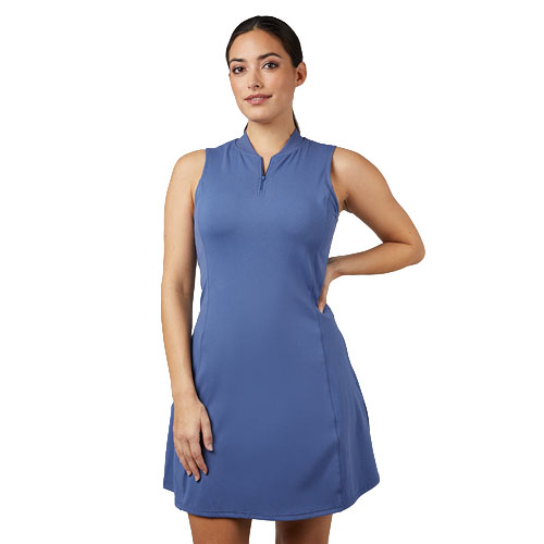 A woman is wearing a sleeveless, blue, knee-length dress with a zippered neckline.