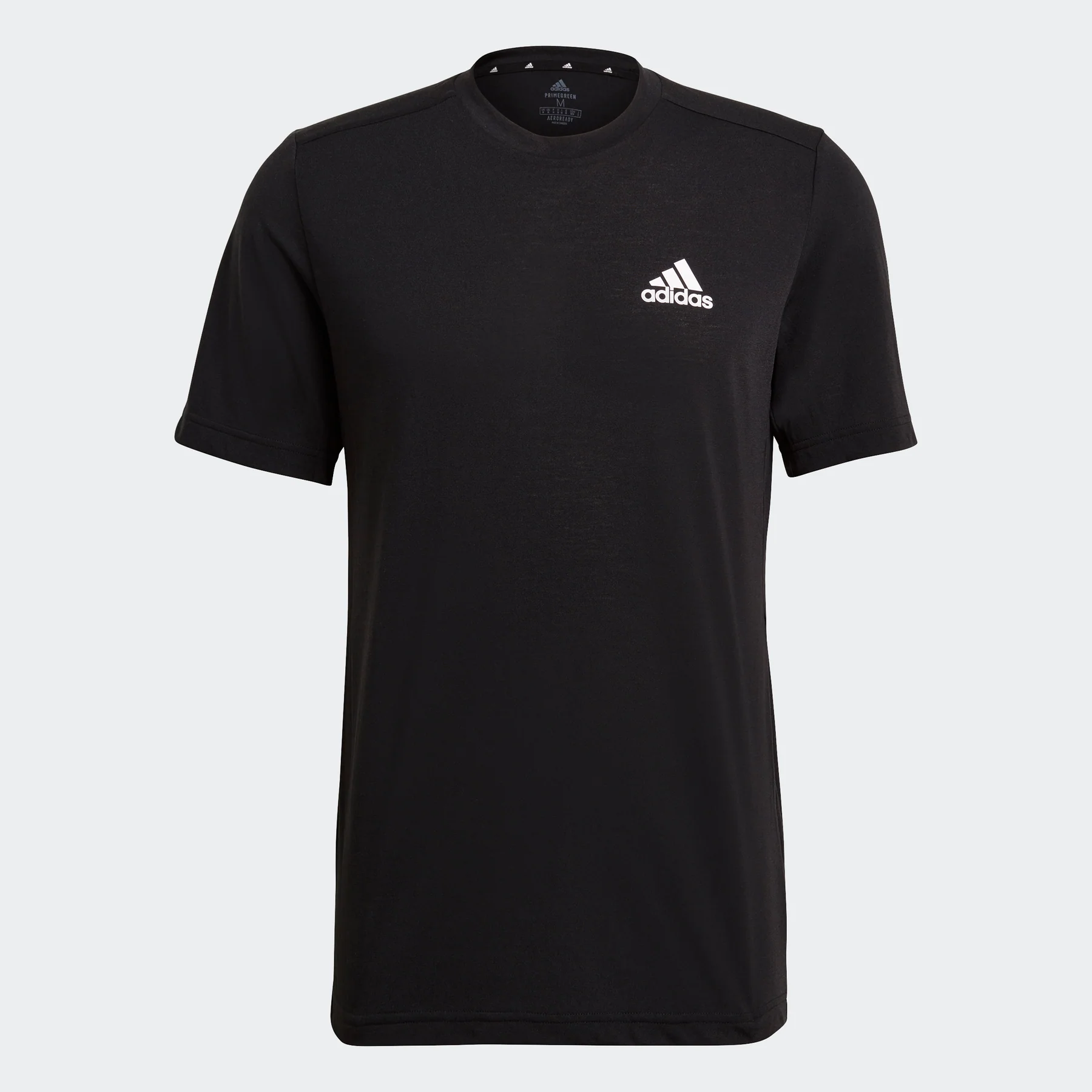 A black Adidas short-sleeved T-shirt with a white logo on the chest.