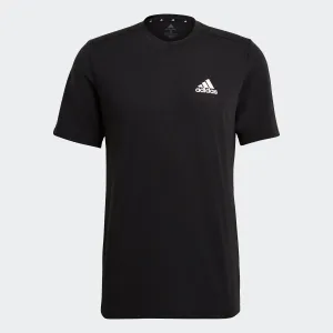 A black Adidas short-sleeved T-shirt with a white logo on the chest.