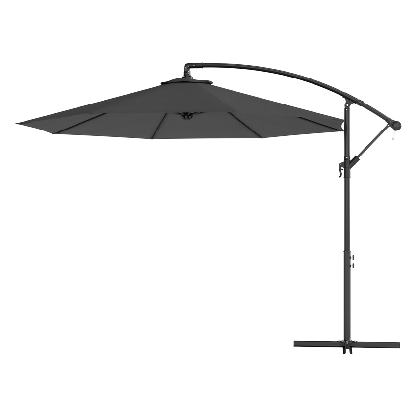 A 10-foot black cantilever patio umbrella with a wide, round canopy supported by a curved arm and a vertical pole, featuring a crank mechanism for easy opening and closing.
