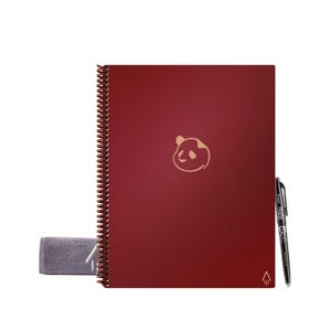 A burgundy spiral notebook with a panda logo embossed on the cover, accompanied by a gray eraser and a black pen with a clip.