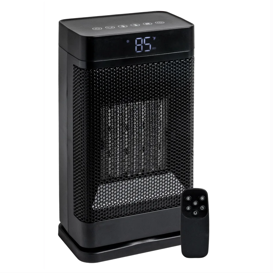 A black 1,500W space heater with a digital display showing 85°F, featuring a mesh front and touch controls on top. Includes a remote control for convenient operation.