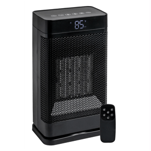 A black 1,500W space heater with a digital display showing 85°F, featuring a mesh front and touch controls on top. Includes a remote control for convenient operation.