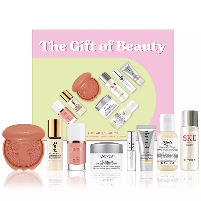 The Macy's 8pc Beauty Products Gift Set includes a Tarte blush, YSL Touche Éclat Blur Primer, Lancôme Renergie Cream, SK-II Facial Treatment Essence, Kiehl's Creme de Corps, Elizabeth Arden Prevage, and Giorgio Armani Beauty items.