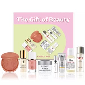 The Macy's 8pc Beauty Products Gift Set includes a Tarte blush, YSL Touche Éclat Blur Primer, Lancôme Renergie Cream, SK-II Facial Treatment Essence, Kiehl's Creme de Corps, Elizabeth Arden Prevage, and Giorgio Armani Beauty items.