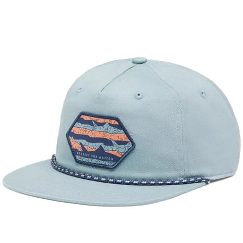 Light blue snapback hat with a flat brim, featuring a patch with mountain and wave design and the text \“Protect Our Waters.\“ Decorated with a patterned rope across the front.