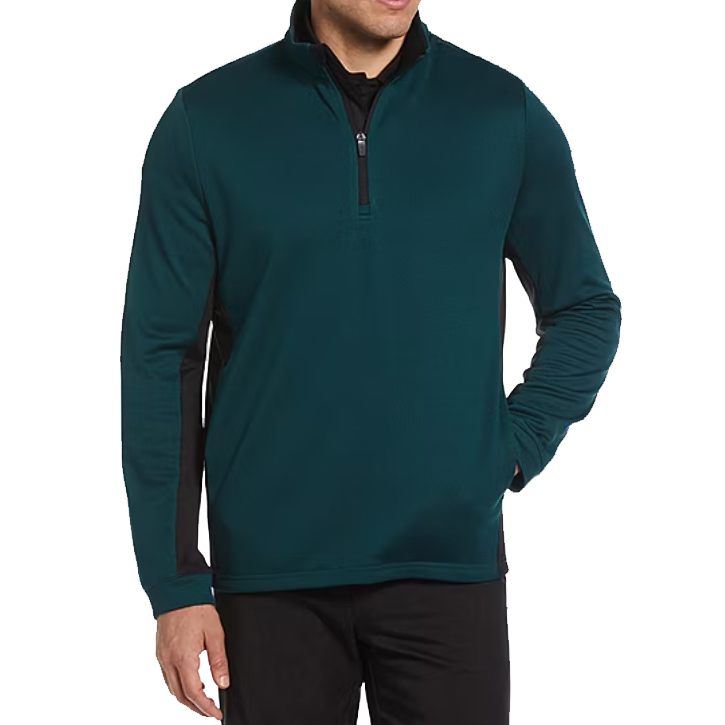 Teal midweight quarter-zip jacket with black accents, featuring long sleeves and a subtle collar. Ideal for casual or sportswear.