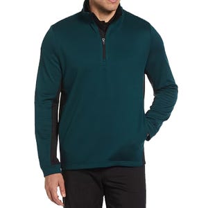 Teal midweight quarter-zip jacket with black accents, featuring long sleeves and a subtle collar. Ideal for casual or sportswear.