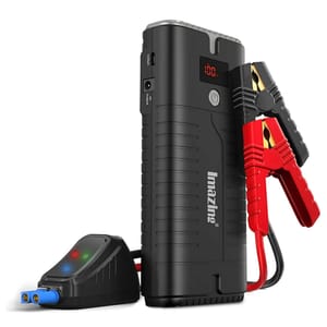 A black portable jump starter power bank with attached red and black jumper cables and an LED display showing 100%. It features multiple ports and a compact design, suitable for emergency car start-ups.