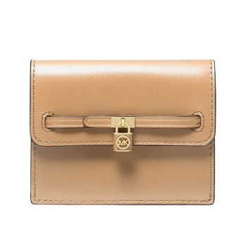 A tan leather wallet with a gold-toned metal fastener featuring the initials 'MK'.