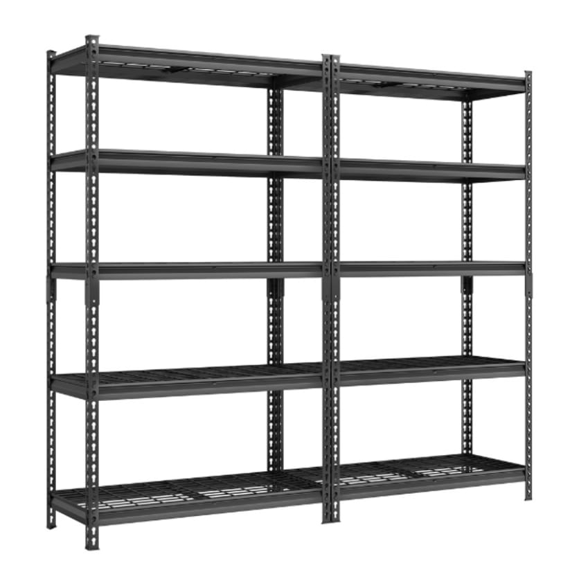 Two 72-inch, 5-tier metal storage shelves in black, designed for heavy-duty use with customizable, adjustable shelves.