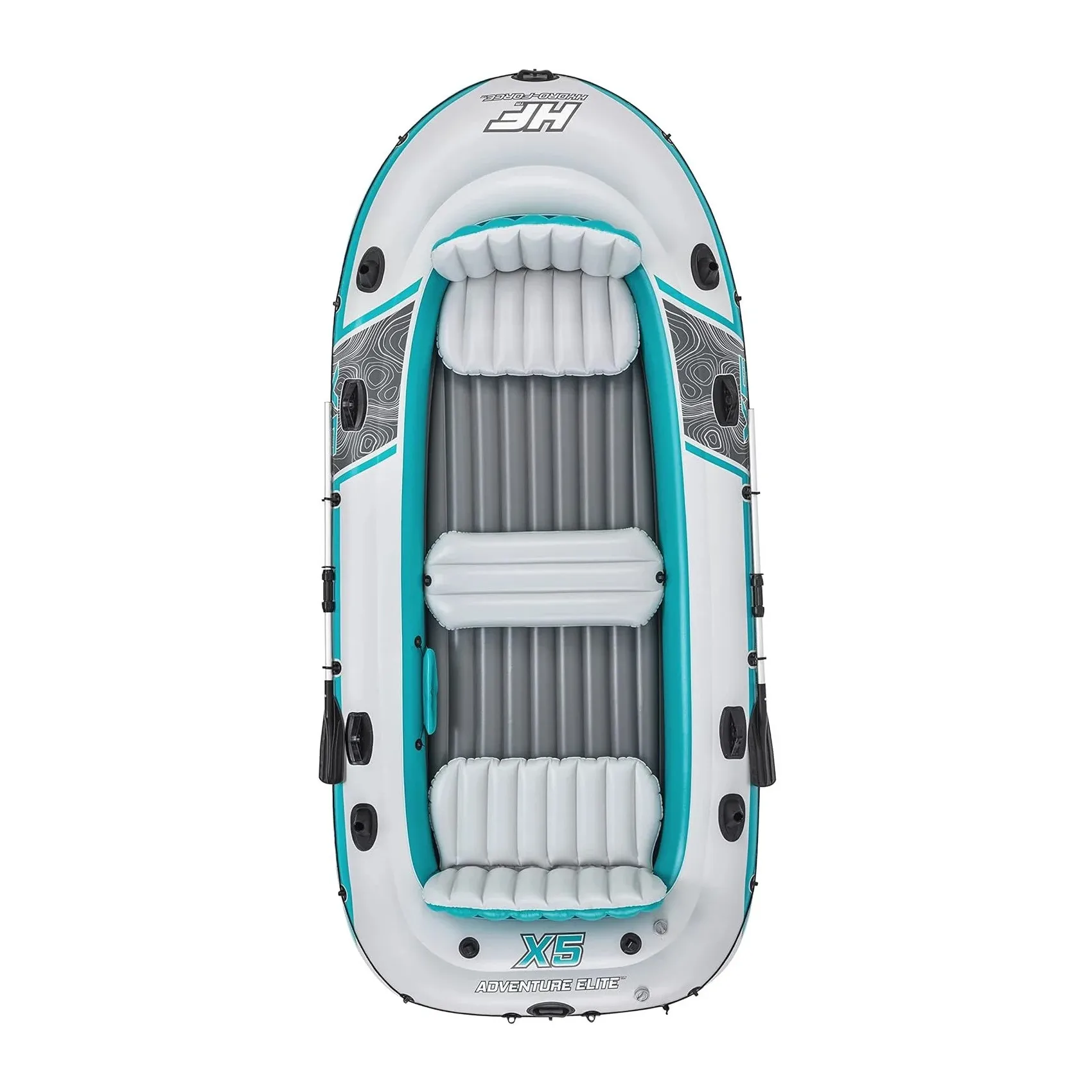 Inflatable Adventure Raft with two inflatable seats, gray and teal color, features a durable design with oar locks on the sides. It has a textured floor for added stability and is suitable for water activities.