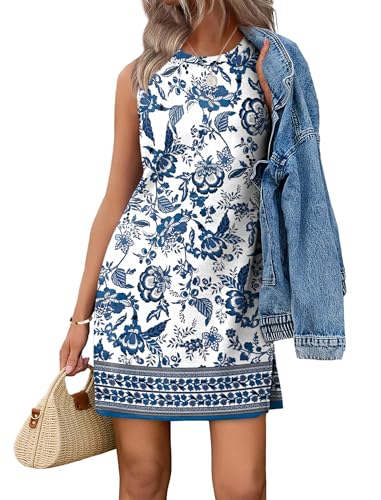A sleeveless white dress with blue floral patterns, paired with a denim jacket and a straw handbag.