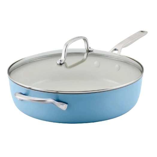A light blue sauté pan with a glass lid and stainless steel handles. It features a white non-stick interior.