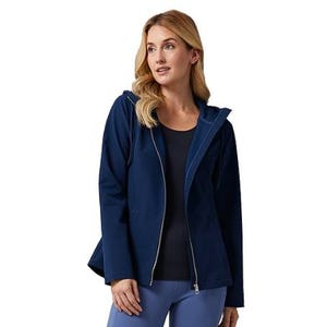 A woman wearing a navy blue 32 Degrees windbreaker featuring a hood and front zip, paired with a black top and blue pants. The jacket has a simple, streamlined design suitable for casual wear.