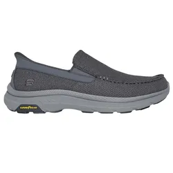 Gray slip-on shoe with a textured upper, featuring a Goodyear-branded sole and a supportive design.