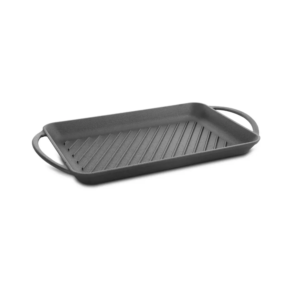 Rectangular cast iron grill pan with raised ridges and side handles.