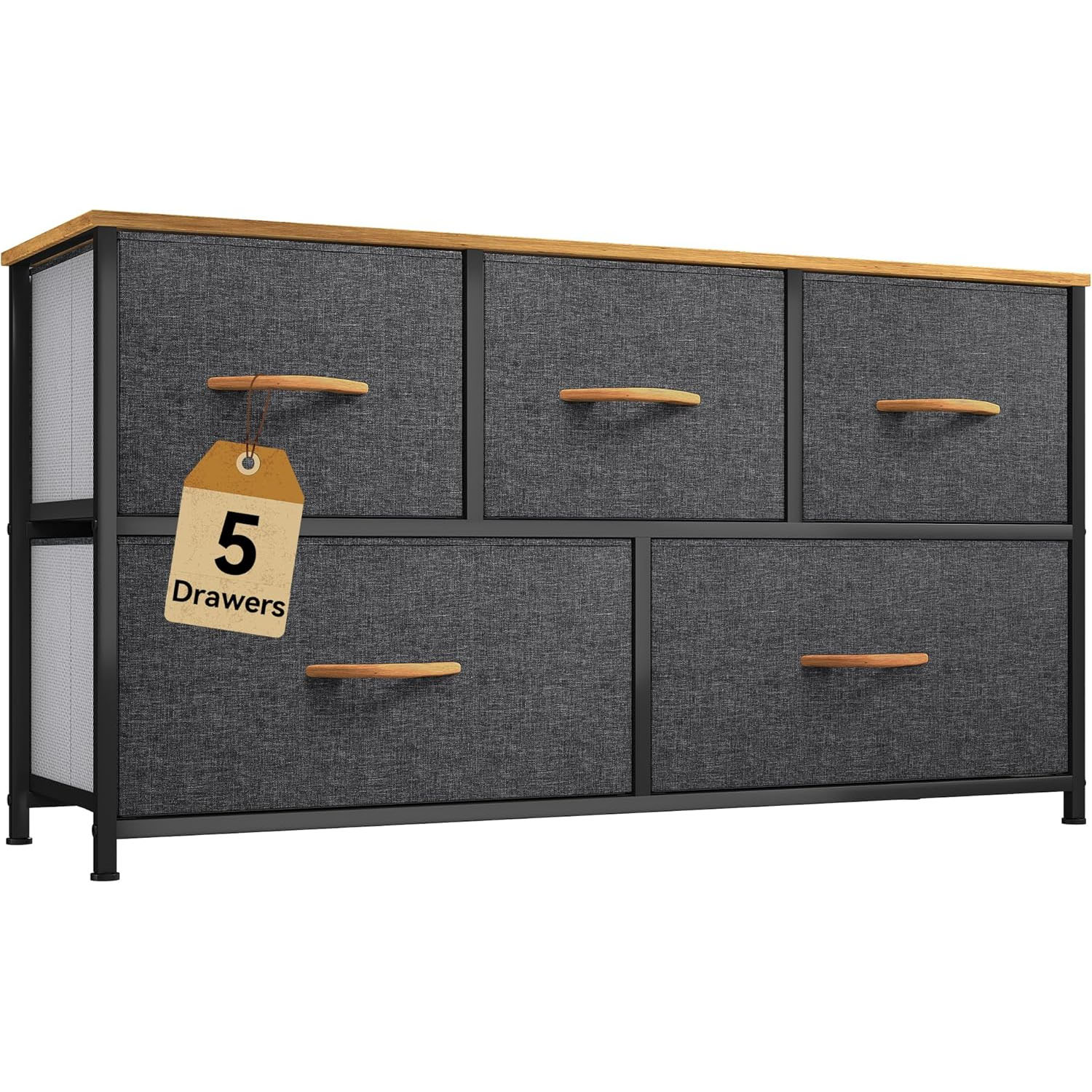 A fabric dresser with five drawers featuring wooden handles, framed in metal with a wood top.