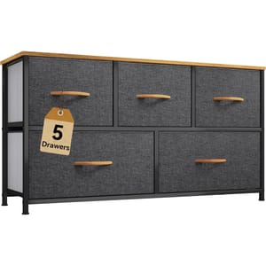 A fabric dresser with five drawers featuring wooden handles, framed in metal with a wood top.