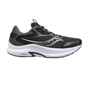 Black and white Saucony Axon 2 running shoes featuring a mesh upper for breathability, a curvy logo design on the sides, and a thick, white midsole labeled PWRUN.