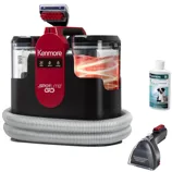 Kenmore SpotLite Go carpet cleaner with a detachable hose, handheld cleaning attachment, and a bottle of pet stain and odor remover solution.