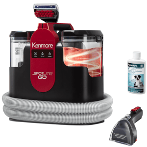 Kenmore SpotLite Go carpet cleaner with a detachable hose, handheld cleaning attachment, and a bottle of pet stain and odor remover solution.