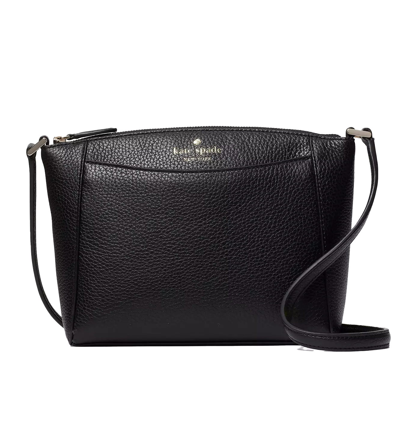 A black leather crossbody bag with a pebbled texture, featuring a strap and \“kate spade new york\“ in gold lettering on the front.