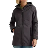 A women's dark gray hooded jacket with a front zipper and two zippered pockets, featuring the Eddie Bauer logo on the left sleeve.