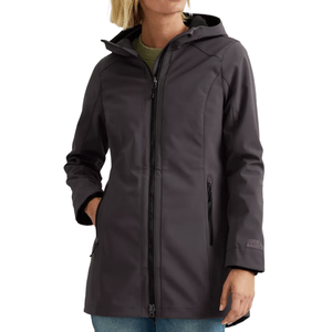 A women's dark gray hooded jacket with a front zipper and two zippered pockets, featuring the Eddie Bauer logo on the left sleeve.