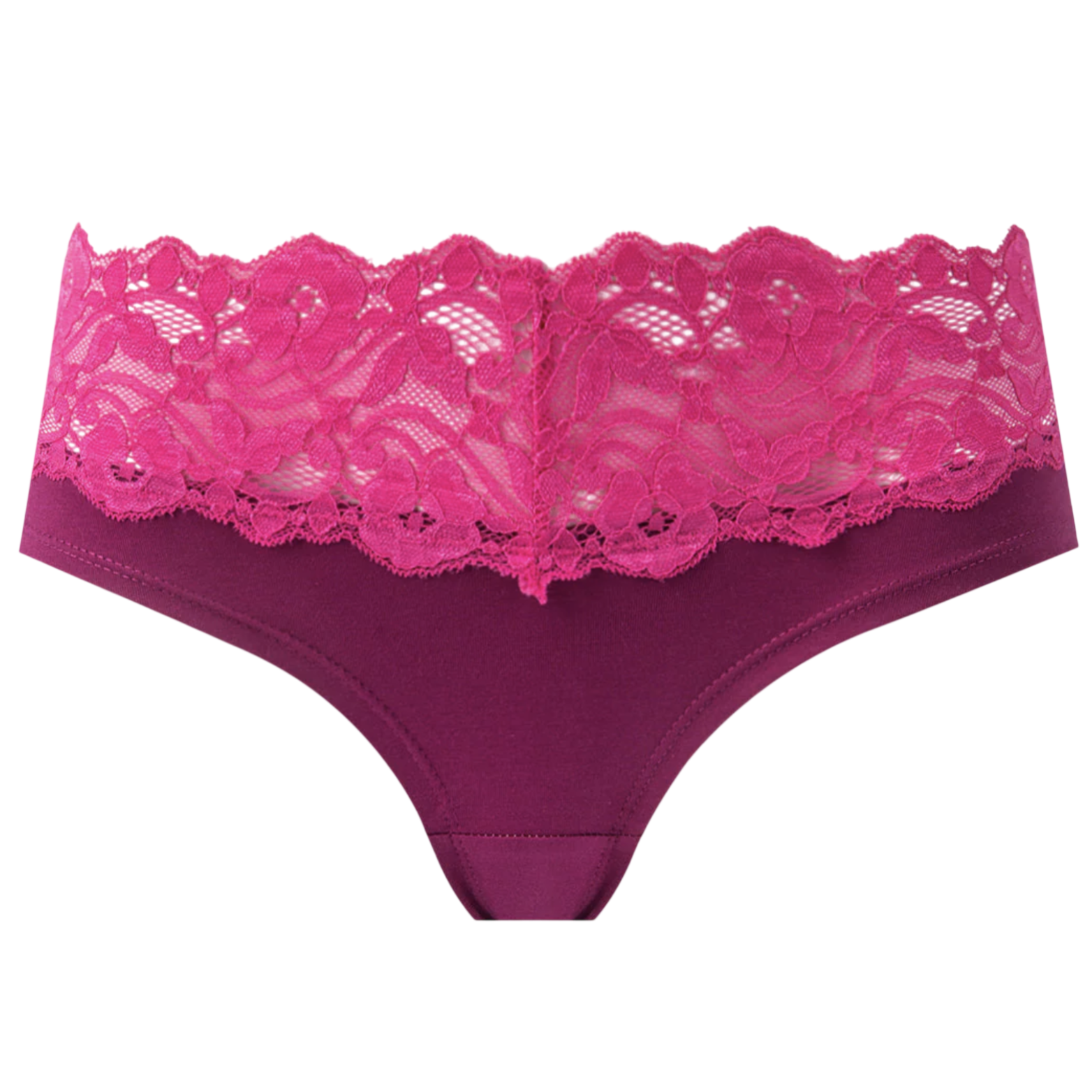 A pair of women's panties featuring a dark magenta base with a wide, bright pink lace trim at the waistband, creating a stylish and feminine look.