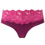 A pair of women's panties featuring a dark magenta base with a wide, bright pink lace trim at the waistband, creating a stylish and feminine look.