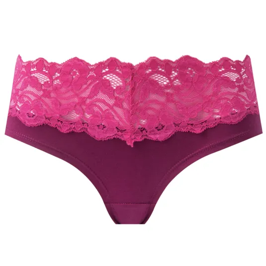 A pair of women's panties featuring a dark magenta base with a wide, bright pink lace trim at the waistband, creating a stylish and feminine look.