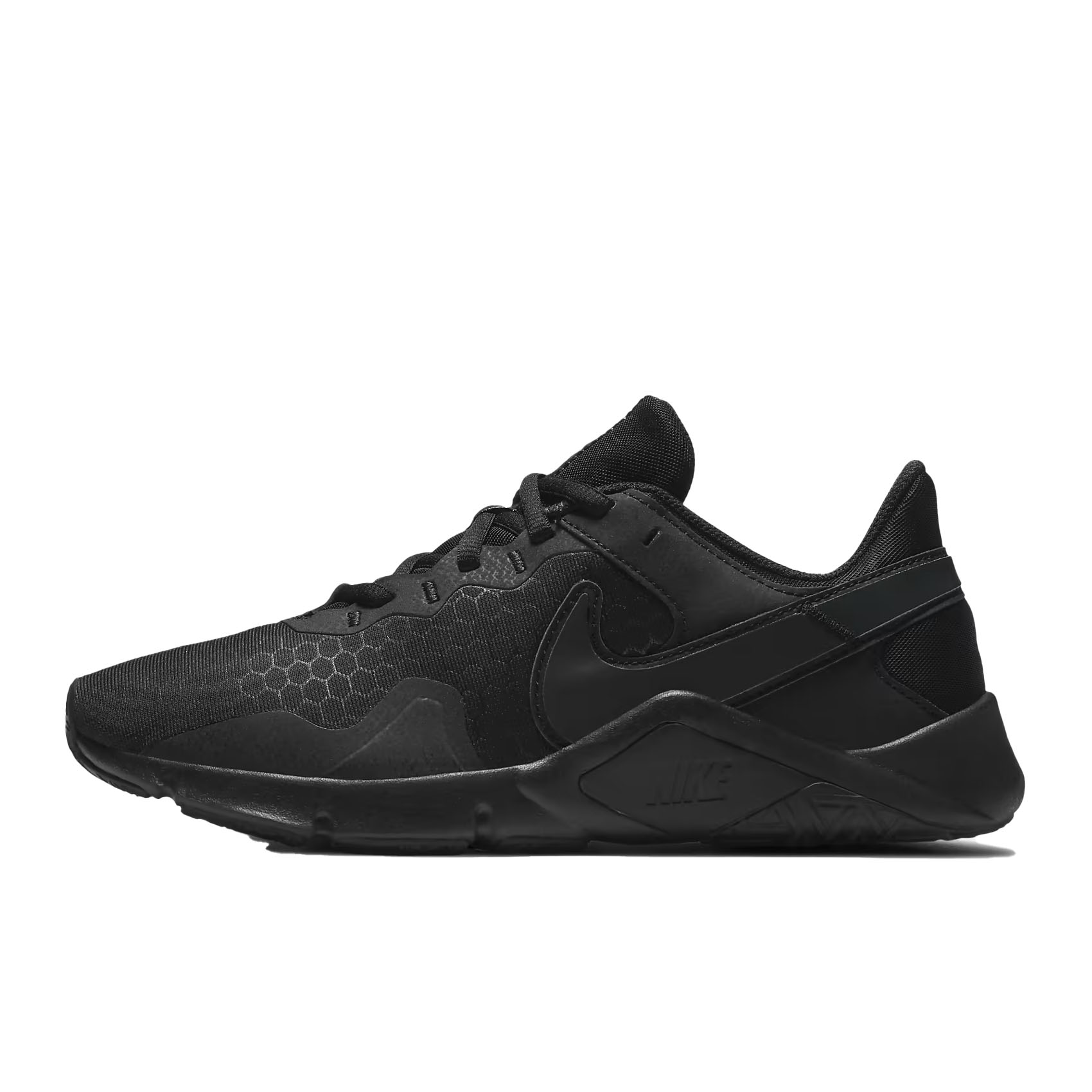 Black Nike running shoe featuring a textured upper with subtle hexagonal patterns and a sleek, lightweight design.