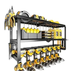 A wall-mounted tool organizer featuring shelves for bottles and boxes, hooks for hanging tools, and slots for cordless drills and drivers. Tools include pliers, screwdrivers, and wrenches, with a color scheme of black and yellow.