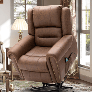 A brown power lift recliner with a heat and massage function, featuring plush cushioning, nailhead trim, and a side pocket with a control remote, set in a cozy living room environment.