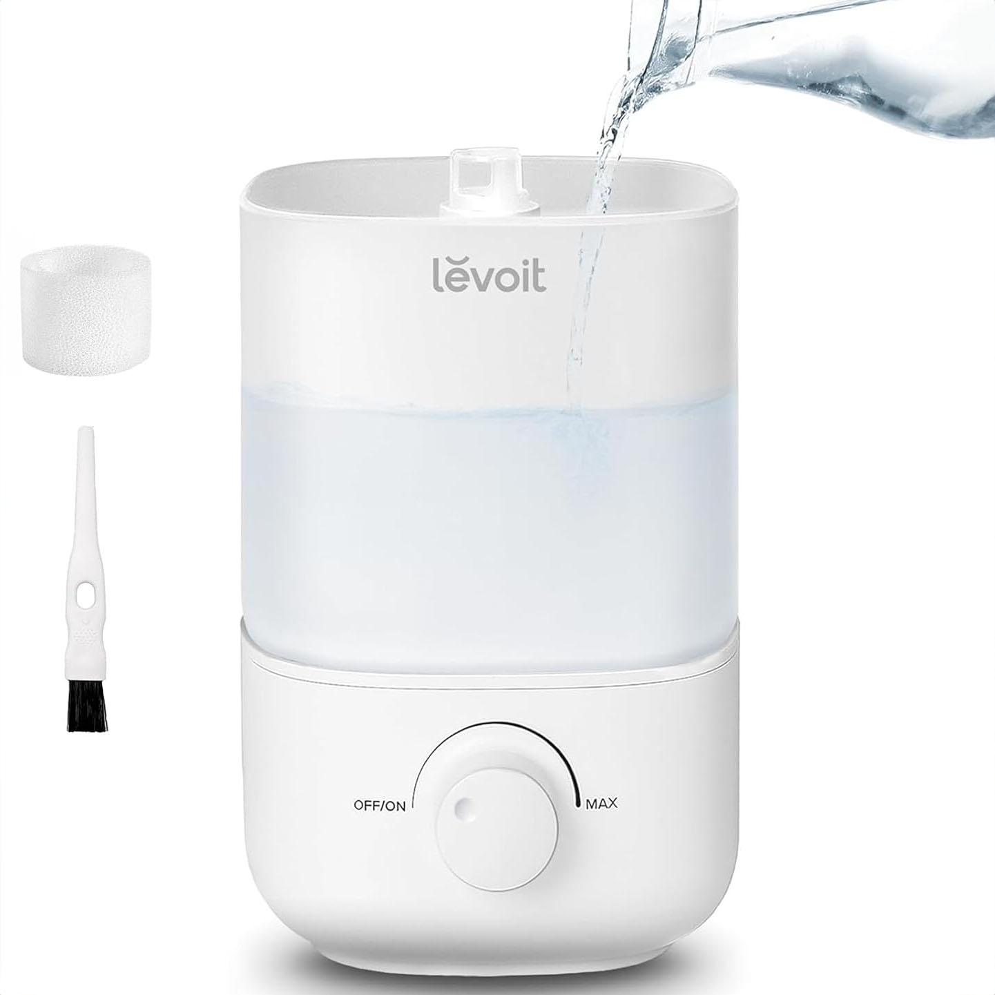 Levoit Easy-Clean Humidifier with a sleek white design features a water tank with an opening for easy refilling. Includes a dial for adjusting humidity levels, a cleaning brush, and a filter sponge.