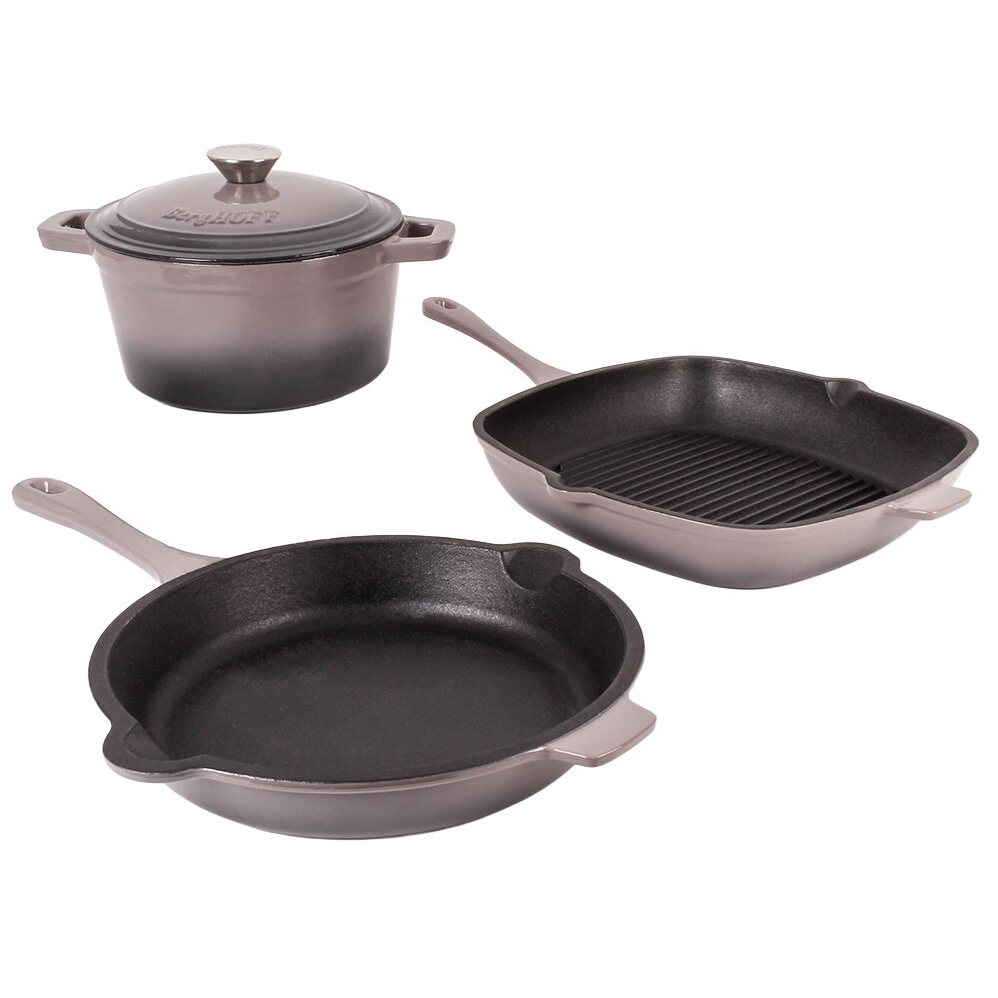 A three-piece cookware set including a round Dutch oven with lid, a round skillet, and a square grill pan, all made of cast iron with an enameled finish.