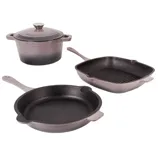 A three-piece cookware set including a round Dutch oven with lid, a round skillet, and a square grill pan, all made of cast iron with an enameled finish.