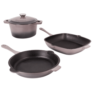 A three-piece cookware set including a round Dutch oven with lid, a round skillet, and a square grill pan, all made of cast iron with an enameled finish.