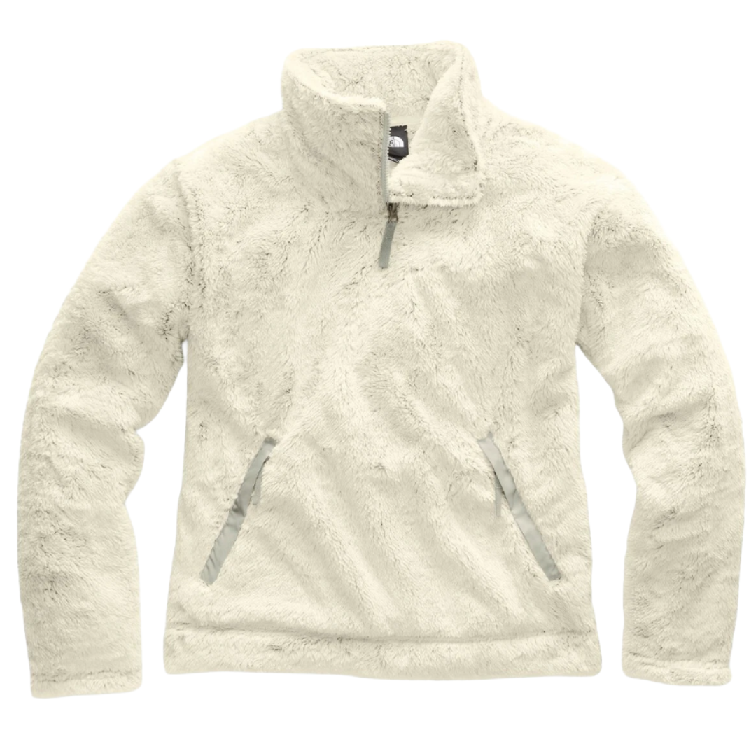 Cream-colored fleece pullover jacket with a quarter-zip design and front pockets.